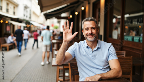 good Friendly man waving while sitting at a café in the city  