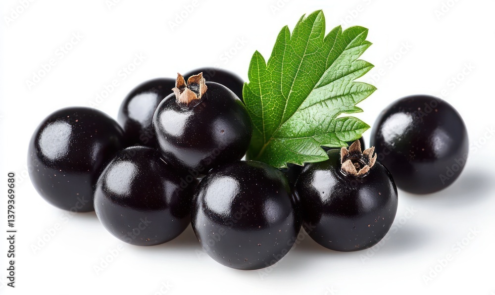 Hyper-realistic blackcurrant berries with fresh green leaves on white background isolated photography Hyper-realistic blackcurrant berries with fresh green leaves on white background isolated photography