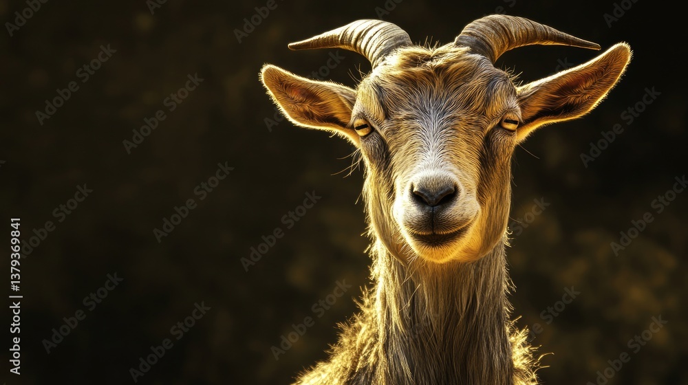 Obraz premium Goat Portrait with Horns Close Up Against Dark Background