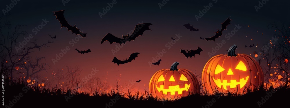 Halloween Themed Illustration with Glowing Jack-o-Lanterns Flying Bats and Dark Background Halloween Themed Illustration with Glowing Jack-o-Lanterns Flying Bats and Dark Background
