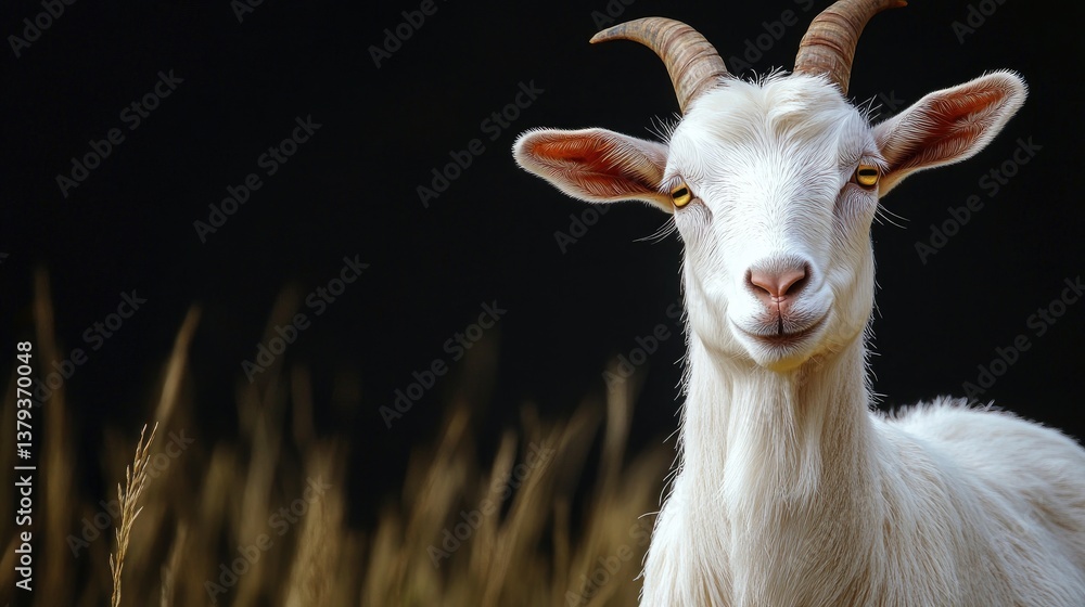 Obraz premium Portrait of a White Goat with Horns in a Natural Setting