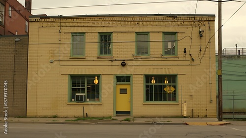 A weathered yellow building with windows stands on a city street