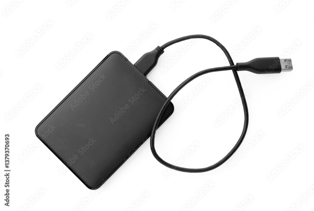 External hard drive with USB cable isolated on white, top view External hard drive with USB cable isolated on white, top view