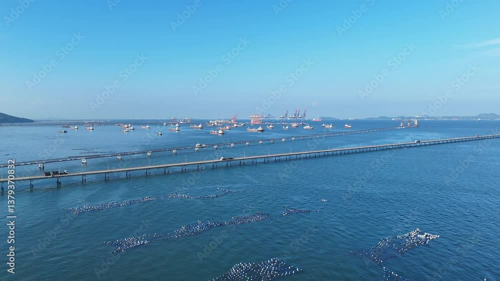 Long Bridge of Cargo container ship customs for the container Truck import export cargo and load cargo to ship. sea port concept freight shipping logistics and transportation forwarding sevice. Long Bridge of Cargo container ship customs for the container Truck import export cargo and load cargo to ship. sea port concept freight shipping logistics and transportation forwarding sevice.