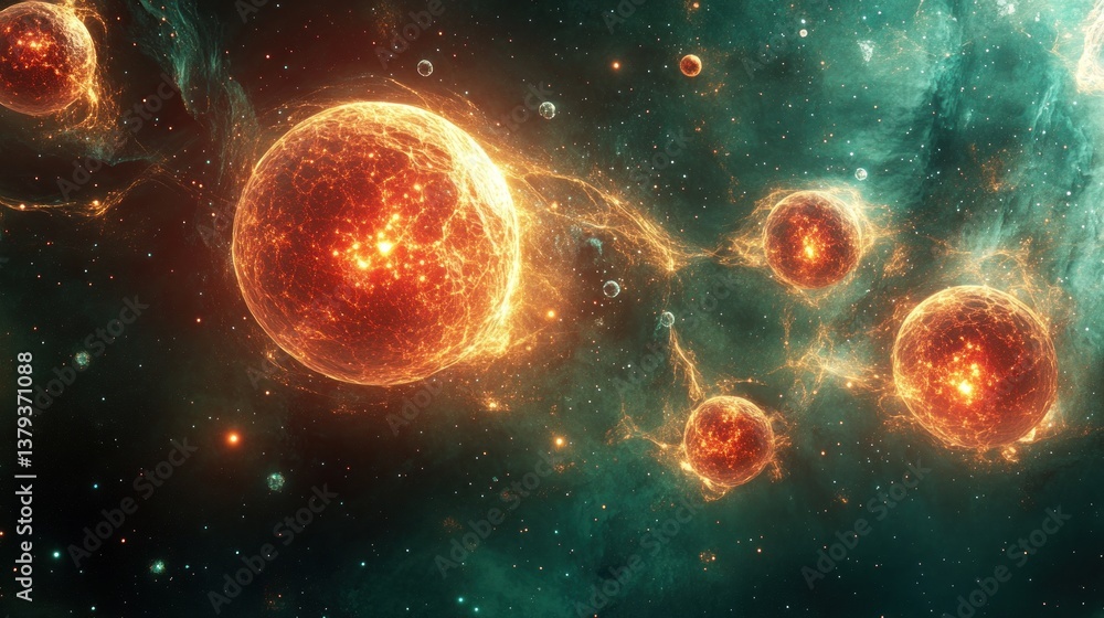 Fiery Celestial Dance: A cosmic ballet of exploding stars and nebulae in a vibrant universe. Fiery Celestial Dance: A cosmic ballet of exploding stars and nebulae in a vibrant universe.
