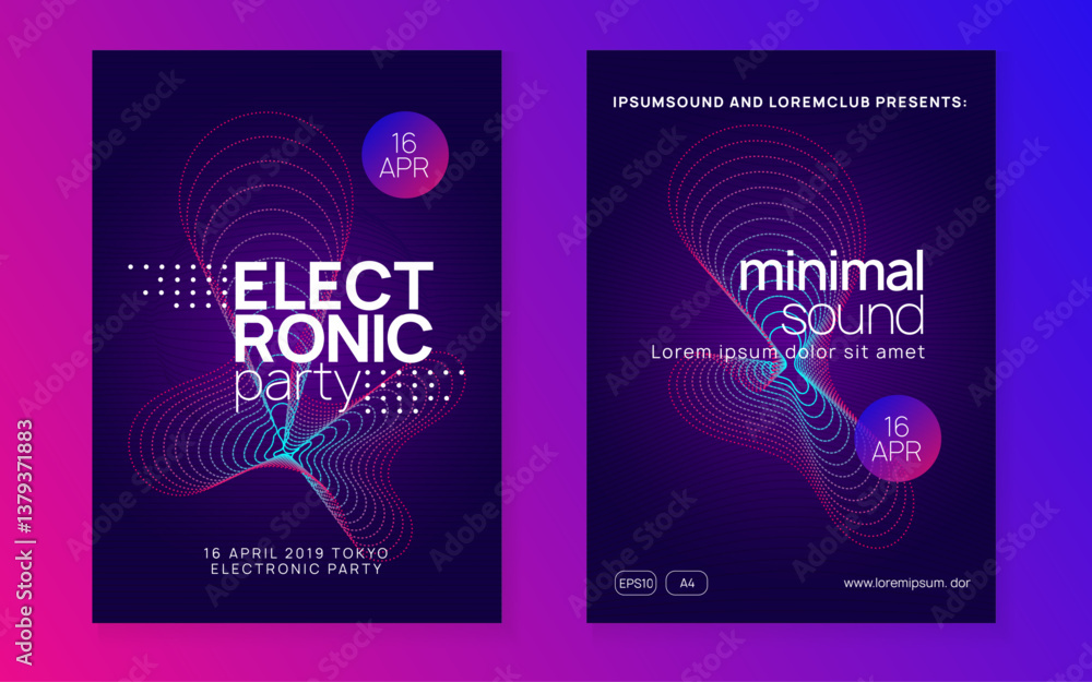 Fototapeta premium Music Background. Trance Vector. Nightclub Beat Invitation. Pink Techno Poster. Dance Event. Blue Sound Set. Night Club Festival Template. Violet Music Background