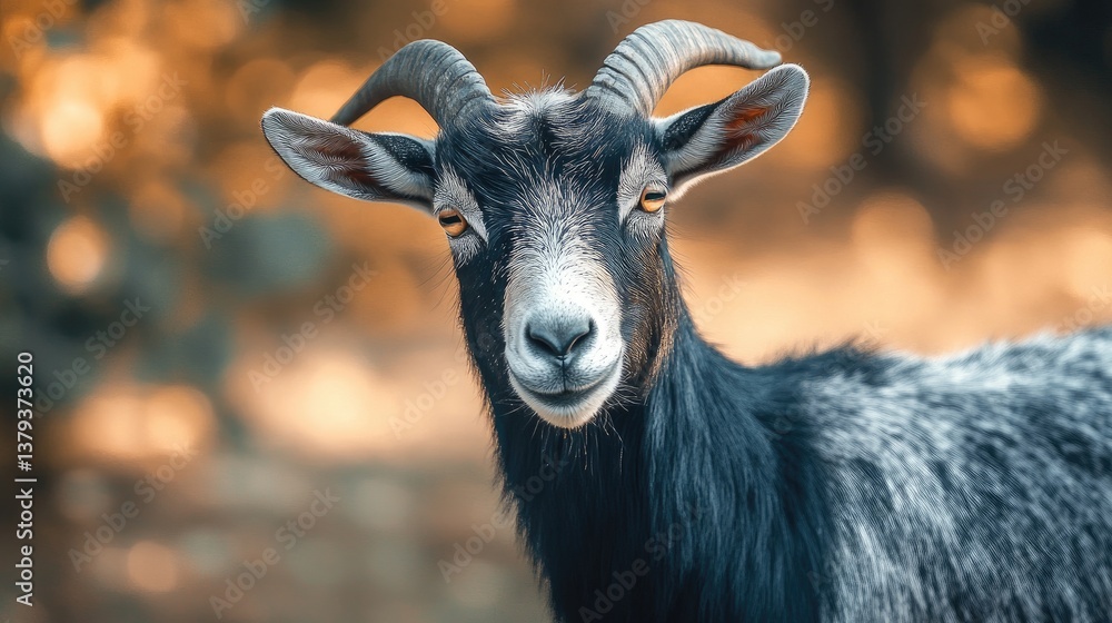 Goat Portrait with Curled Horns Looking at Camera in Nature Goat Portrait with Curled Horns Looking at Camera in Nature