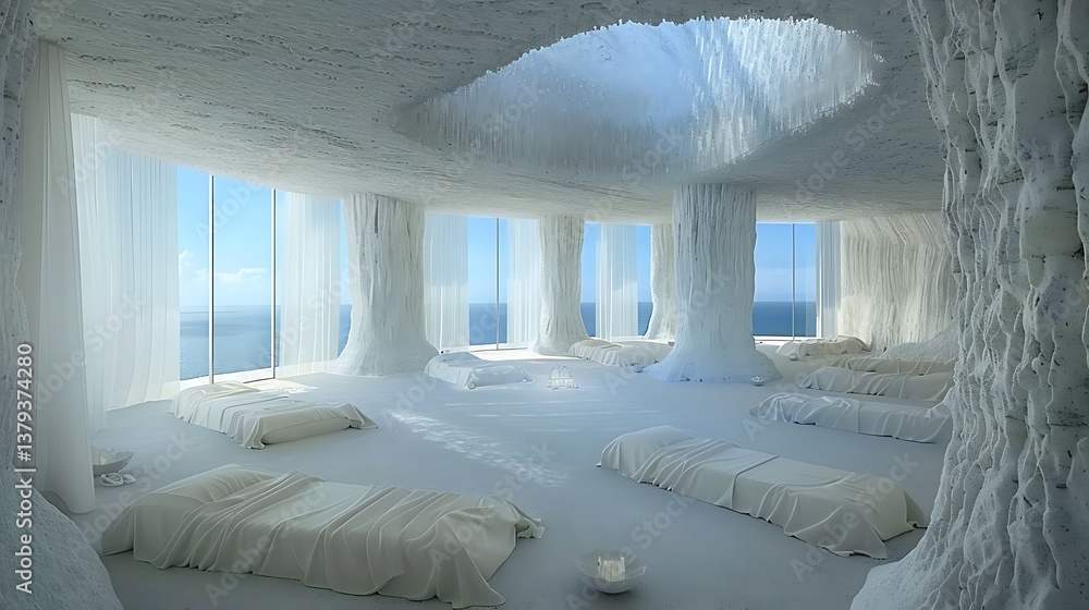 A minimalist white room with beds and a view of the ocean A minimalist white room with beds and a view of the ocean