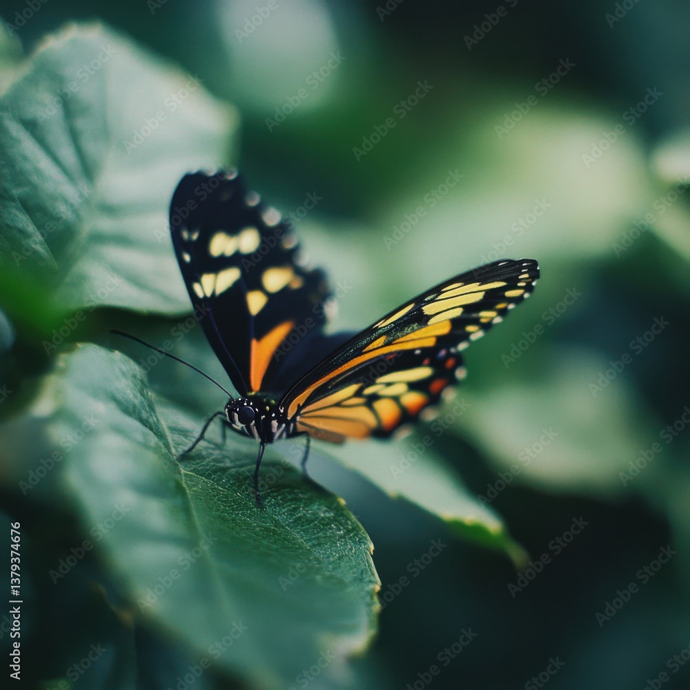 Fototapeta premium Colorful Butterfly Resting on Green Leaves in Natural Habitat