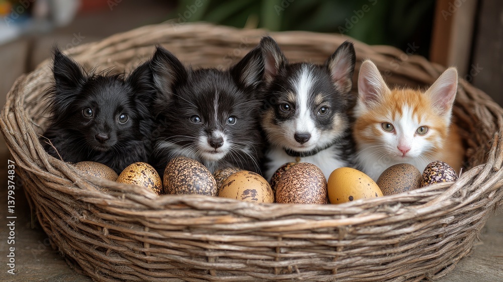 Four cute puppies and a kitten sitting inside a woven basket Four cute puppies and a kitten sitting inside a woven basket