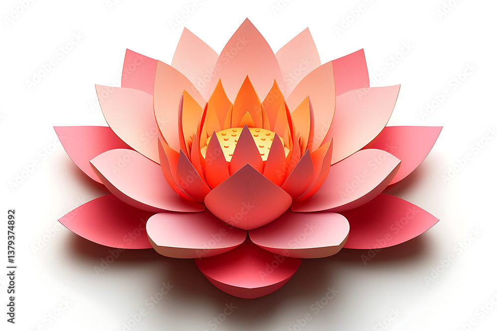 Close-up of a paper lotus flower in shades of pink and orange against a clean white background. Close-up of a paper lotus flower in shades of pink and orange against a clean white background.