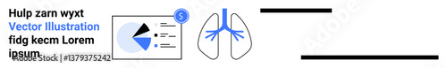 Pie chart with statistical data, dollar icon, and human lungs diagram representing healthcare, finance, and analytics. Ideal for medicine, data visualization, research, finance health tech