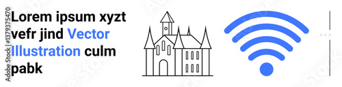 Gothic-style castle combined with a bold wireless signal icon. Ideal for technology integration, heritage preservation, smart cities, connectivity, modern tourism, architecture, and a simple landing