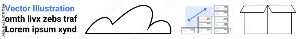 Abstract cloud sketch, upward growth chart on stacked cubes, and open box outline. Ideal for business growth, logistics, analytics, data storage, innovation, delivery simple landing page Abstract cloud sketch, upward growth chart on stacked cubes, and open box outline. Ideal for business growth, logistics, analytics, data storage, innovation, delivery simple landing page