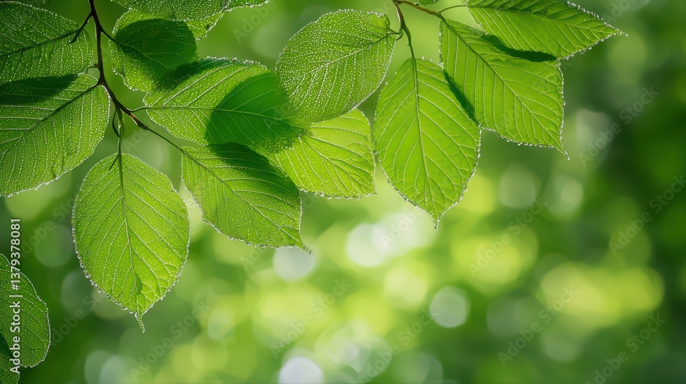 Fresh green leaves with dew in soft natural light Fresh green leaves with dew in soft natural light