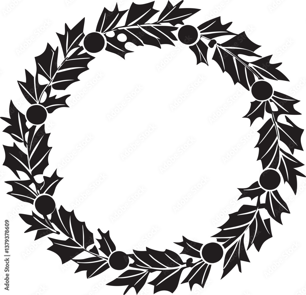 Naklejka premium Silhouette Christmas Wreath Vector – Festive Holiday Decoration on White Background