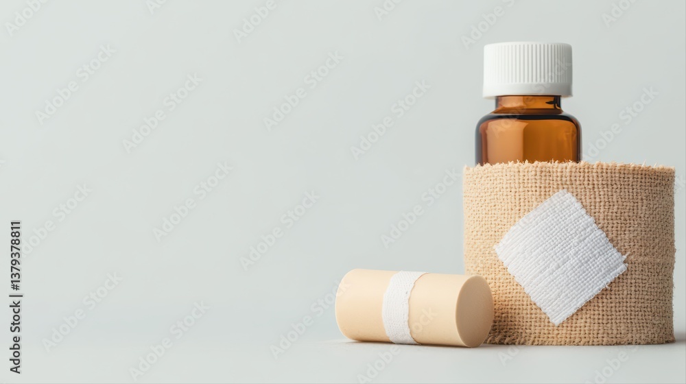 Glass bottle and bandage on light background Glass bottle and bandage on light background
