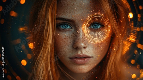 A cosmic blend of a woman's face and a glowing astrolabe, surrounded by a starry abstract background.
