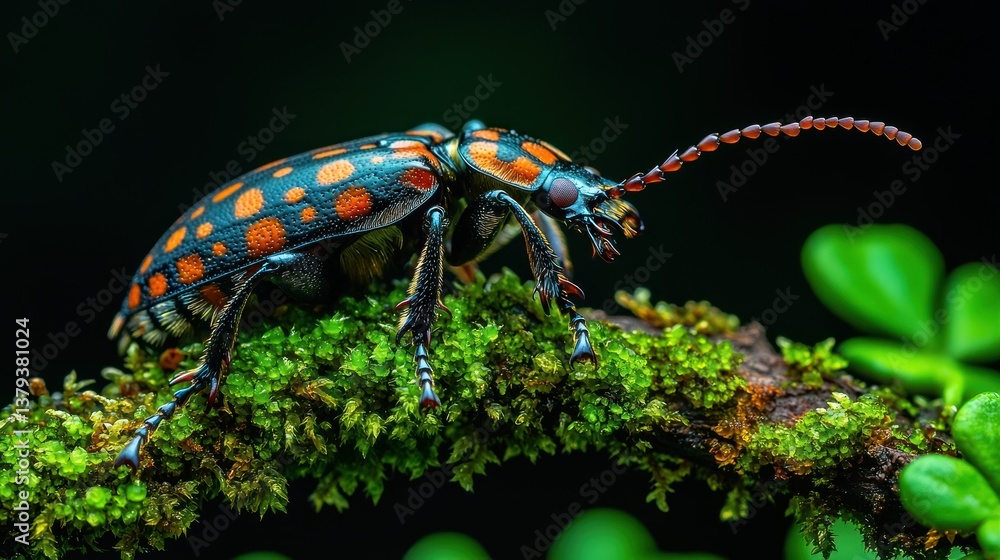 Naklejka premium Colorful beetle on mossy branch, rainforest detail