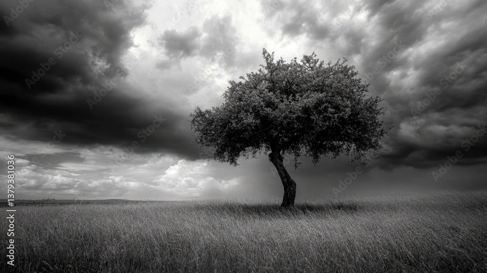 Obraz premium Solitary Tree Against Dramatic Sky in Black and White Landscape