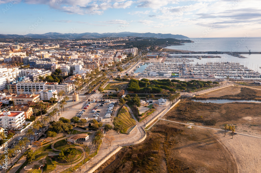 Fototapeta premium Aerial photo of Vilanova i la Geltru with view of quay on shore of Mediterranean Sea.