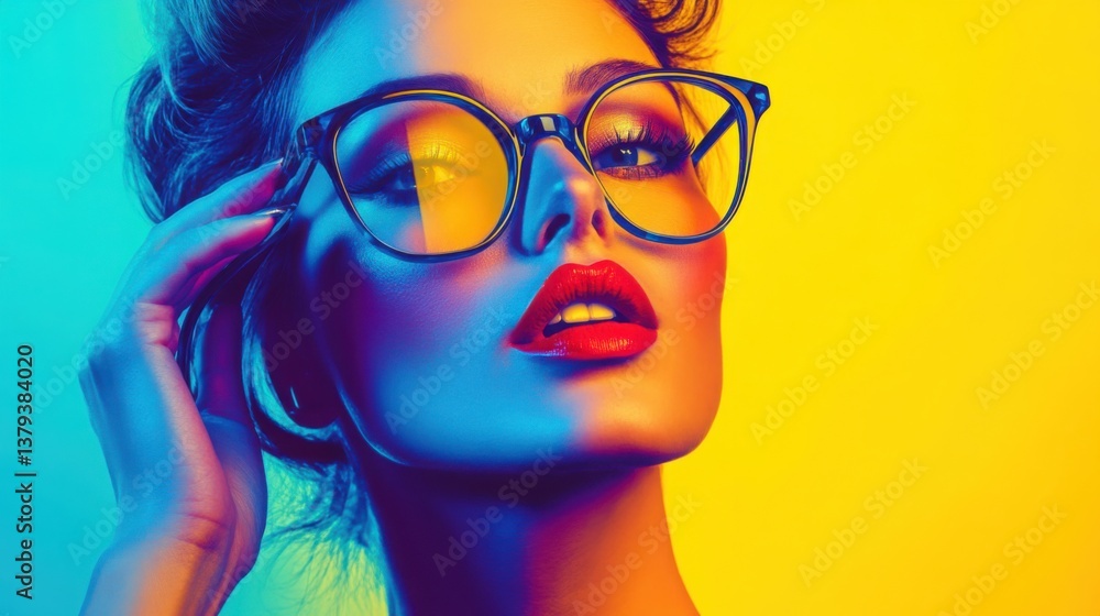 Fototapeta premium A lively and expressive portrait of a woman with chic glasses, adjusting them with one hand, wearing vibrant red lipstick, portrayed with sharp contrasts of yellow, blue, and purple.
