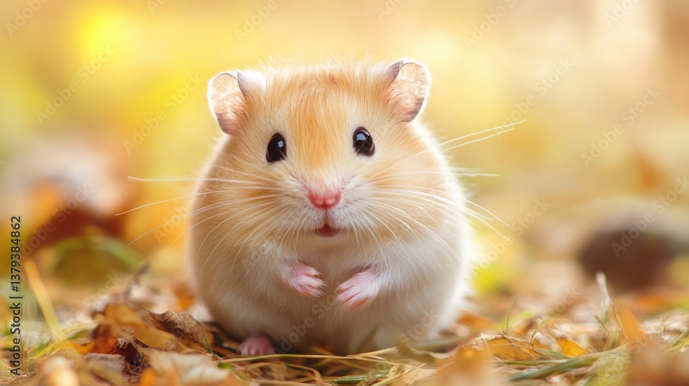 Cute Hamster Sitting on Leaves in Autumn with Soft Lighting Cute Hamster Sitting on Leaves in Autumn with Soft Lighting