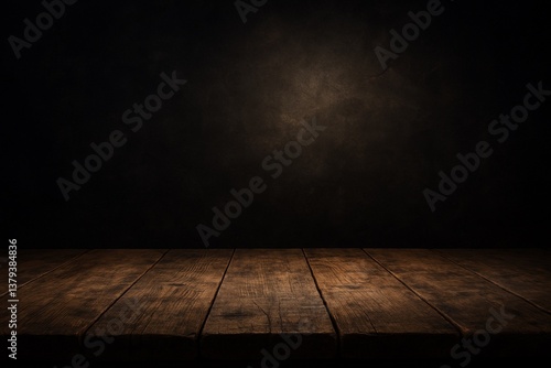Empty Wooden Stage Illuminated by Spotlight in Dark Room – Abstract Background for Presentation or Theater Concept