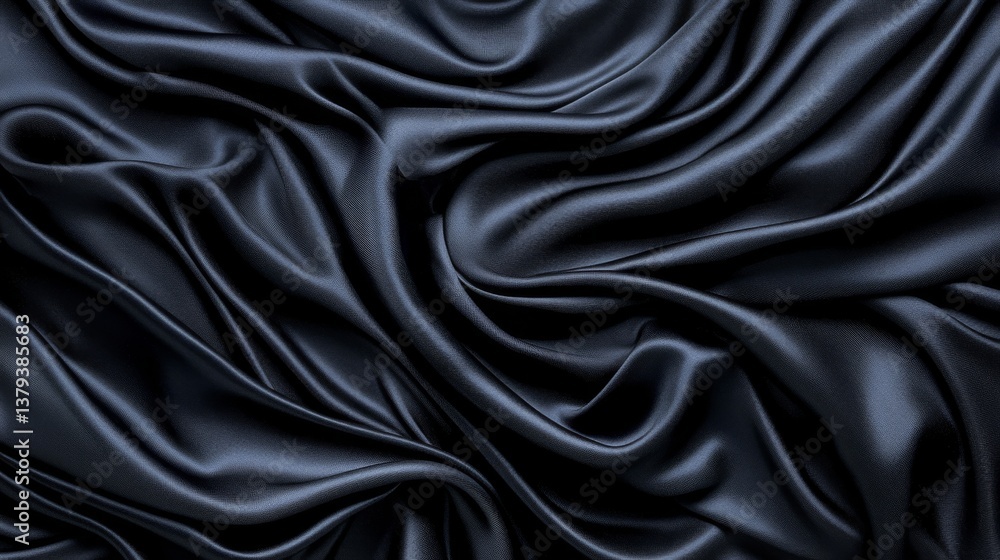 Fototapeta premium Elegant black satin fabric textile design soft and smooth high-quality material close-up view fashion concept for interior decor