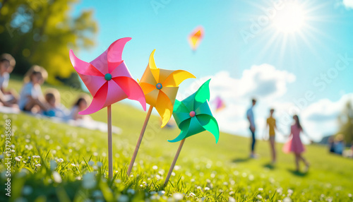 Colorful pinwheels spinning on grass under bright sunlight  