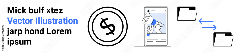 Smartphone with megaphone notification, dollar sign circle, and file exchange icons. Ideal for finance, social media, marketing, data transfer, online communication, content sharing abstract line Smartphone with megaphone notification, dollar sign circle, and file exchange icons. Ideal for finance, social media, marketing, data transfer, online communication, content sharing abstract line