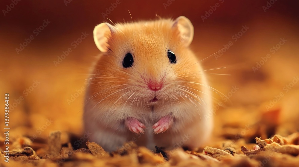 Cute Golden Hamster Sitting in Bedding with Small Paws Curled Cute Golden Hamster Sitting in Bedding with Small Paws Curled