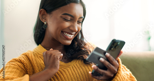 Obraz na płótnie Excited, woman or phone with credit card rewards for financial bonus, savings or investment payment