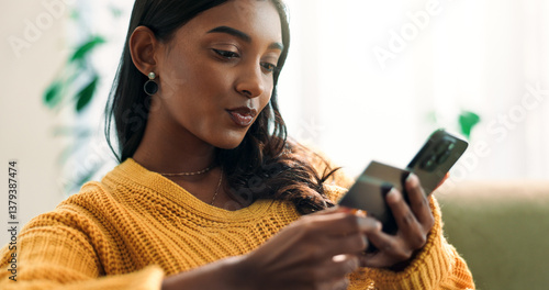 Εκτύπωση καμβά Credit card, cellphone and woman on sofa in home for first online payment for mortgage or rent