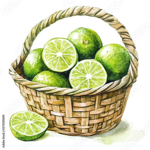 A watercolor vector painting of Lime basket, isolated on a white background.

