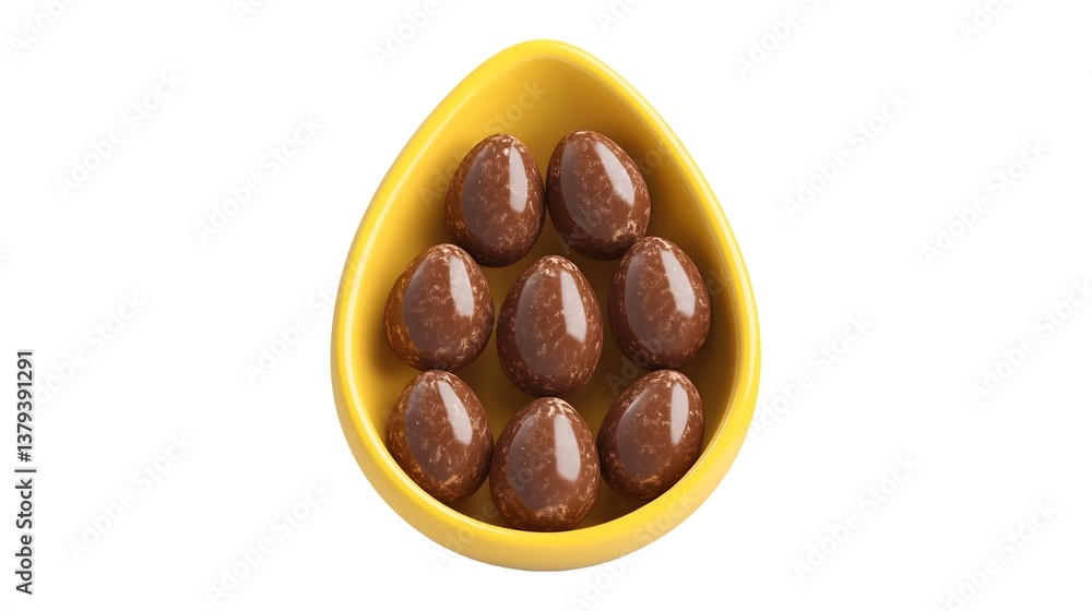 Obraz premium Easter Chocolate Eggs in Yellow Bowl Isolated on White Background – Holiday Celebration Concept