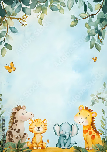 Cute cartoon animals in a playful setting, ideal for children's themes.