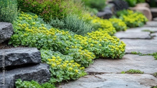 Vibrant Succulent Plants Line a Stone Pathway in a Garden Setting