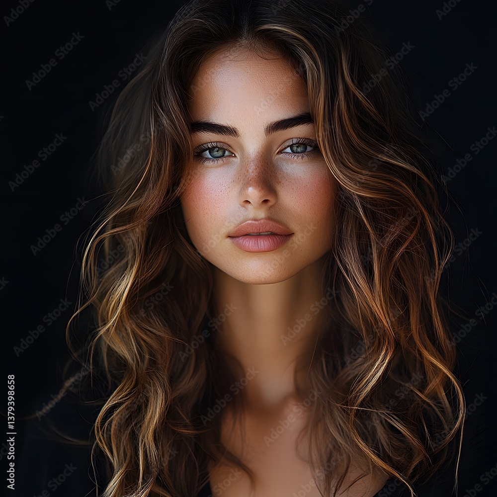 Fototapeta premium Portrait of a confident woman in a studio, showcasing her textured hair with a focus on beauty, luxury wellness, and haircare treatments against a dark backdrop
