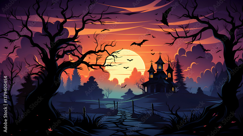 Pixel Art Haunted House Silhouette on Hill at Sunset with Bats and Cemetery Under Moonlight Pixelated Style