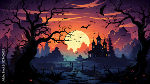 Obraz na płótnie Pixel Art Haunted House Silhouette on Hill at Sunset with Bats and Cemetery Under Moonlight Pixelated Style w salonie