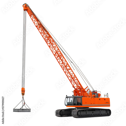 Bright Orange Construction Crane with Long Arm and Smaller Crane Isolated on Transparent Background