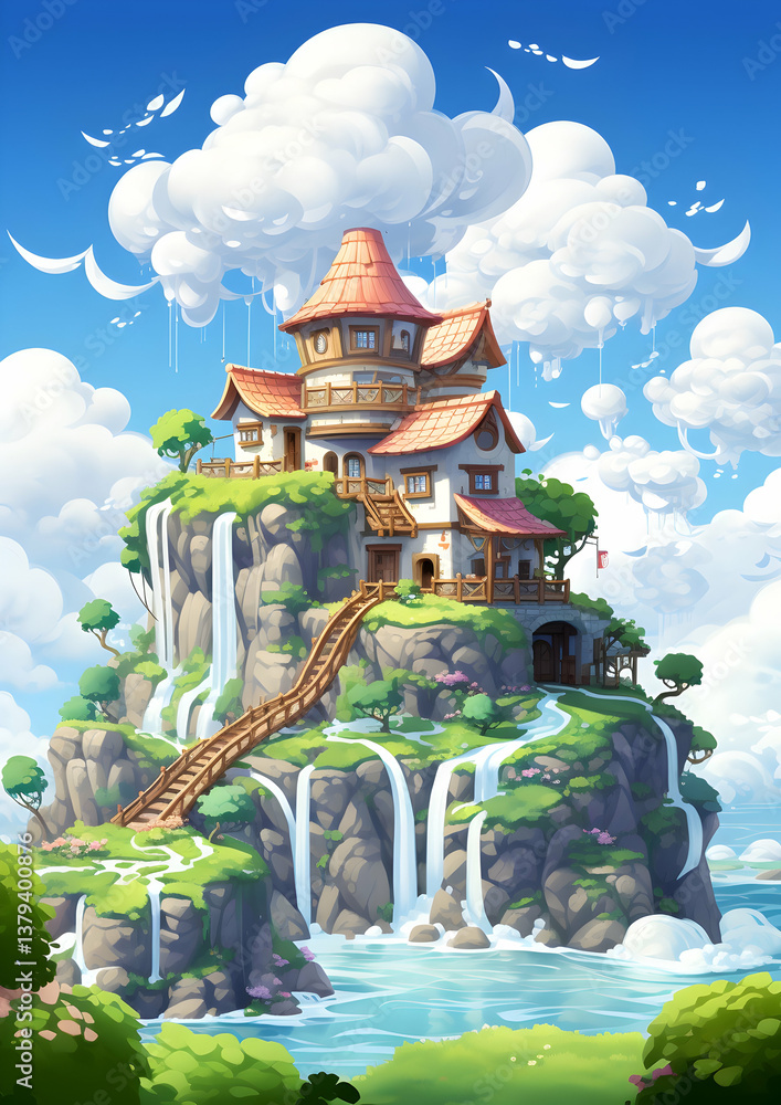 Pixel Art House on Cliffside with Waterfalls and Blue Sky with Clouds Digital Art
