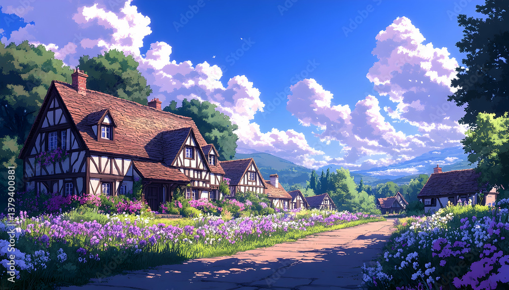 Pixel Art Idyllic Village Landscape With Tudor Style Houses Lush Greenery and Purple Flowers Under a Blue Sky With Clouds in a Countryside Setting
