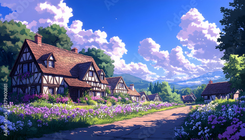 Obraz na płótnie Pixel Art Idyllic Village Landscape With Tudor Style Houses Lush Greenery and Purple Flowers Under a Blue Sky With Clouds in a Countryside Setting w salonie