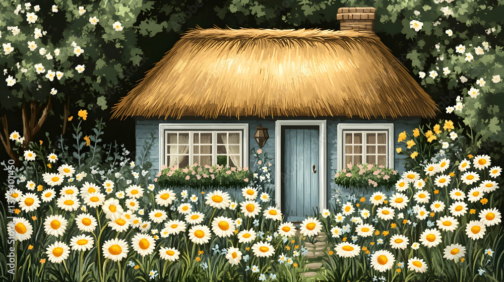 Pixel Art Image of a Light Blue Cottage with Thatched Roof Surrounded by White Daisies and Green Foliage on a Sunny Day
