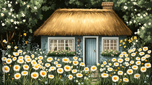 Obraz na płótnie Pixel Art Image of a Light Blue Cottage with Thatched Roof Surrounded by White Daisies and Green Foliage on a Sunny Day w salonie