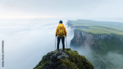 A man stands on a mountain top, looking out over a foggy landscape