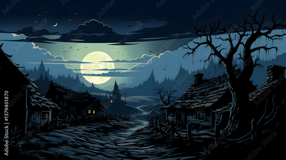 Pixel Art Landscape of Moonlit Village with Bare Trees and Dark Blue Sky in Night Time