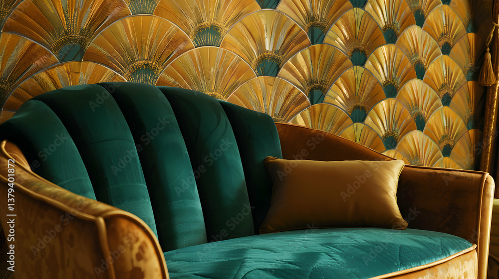 Fototapeta premium A luxurious teal sofa against a decorative golden fan-patterned wall.